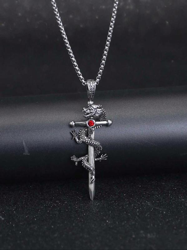 Men's Dragon & Sword Design Pendant Necklace,  Punk Streetwear Chain Necklace, Goth Jewelry for Party, Daily Clothing Decor for Men & Women