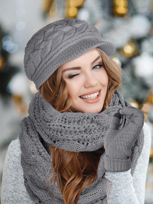 3 count Women Winter Hat Scarf Glove Set Warm Skull Beanie Hat with Visor Knitted Touch Screen Glove Scarf 3 In 1 Set