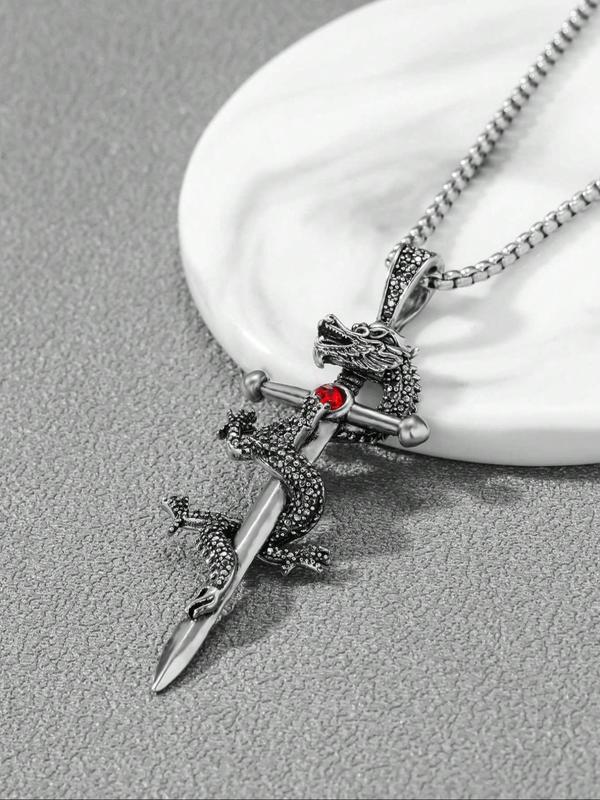 Men's Dragon & Sword Design Pendant Necklace,  Punk Streetwear Chain Necklace, Goth Jewelry for Party, Daily Clothing Decor for Men & Women