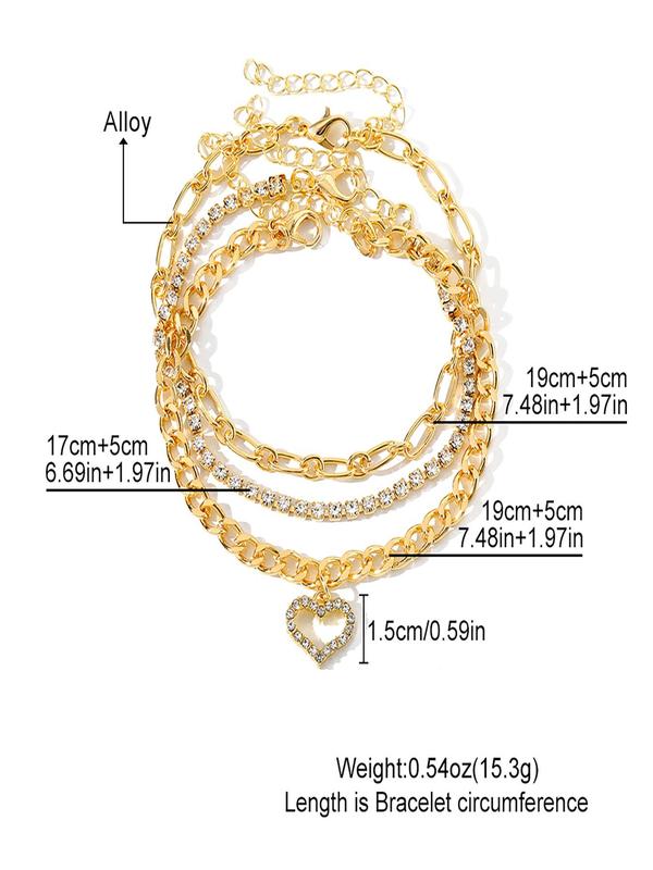 3pcs set Matching Rhinestone Decorated Heart Charm Braclete Anklet, 2024 New Fashion Foot Body Chain, Casual Simple Plain Alloy Sexy Accessories, Holiday Birthday Gifts for Women Girls