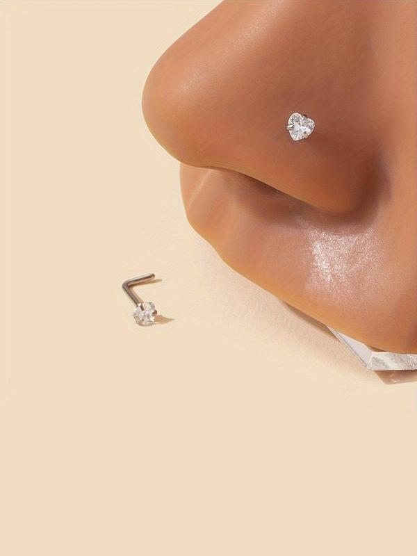 Summer Rhinestone Decor Heart Design L-shaped Nose Studs, Trendy Exquisite Jewelry Body Jewelry for Women & Girls for Party, Daily Back To School