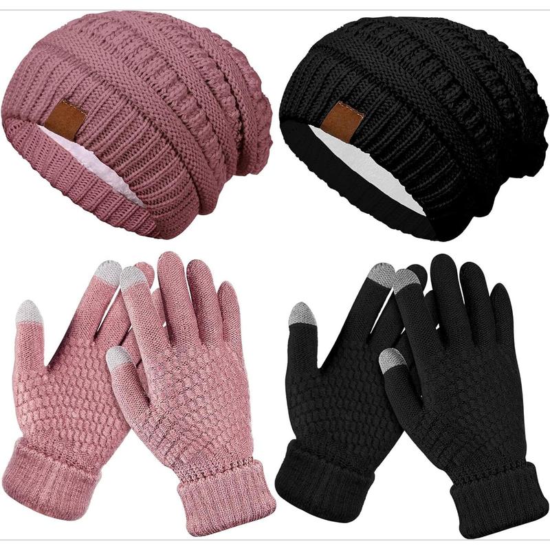 4 Counts Winter Glove and Hat Set Women Winter Hat Touchscreen Gloves Warm Knitted Hats and Gloves for Women