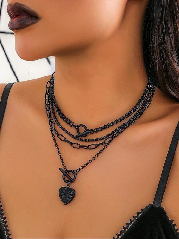 Women's Punk Style Heart Design Pendant Necklace & OT Buckle Chain Necklaces, 4 Counts Fashion Charm & Chain Necklaces, Trendy Goth Jewelry for Birthday Gift