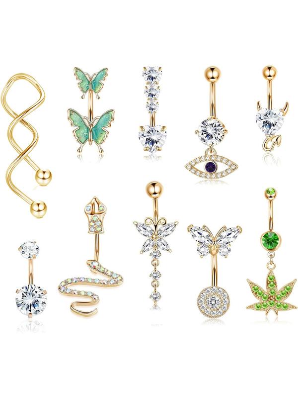 Women's Rhinestone Decorated Belly Piercing Body Jewelry,  Belly Button Rings, New Summer 2024 Butterfly & Eye & Snake & Heart Navel Real Jewelry Sets for Women Girls