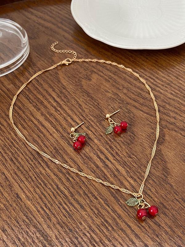 Cute Cherry Design Pendant Necklace & Dangle Earrings, Fashion Jewelry for Party, Daily Clothing Decor, Trendy All-match & Exquisite Jewelry for Birthday Gift