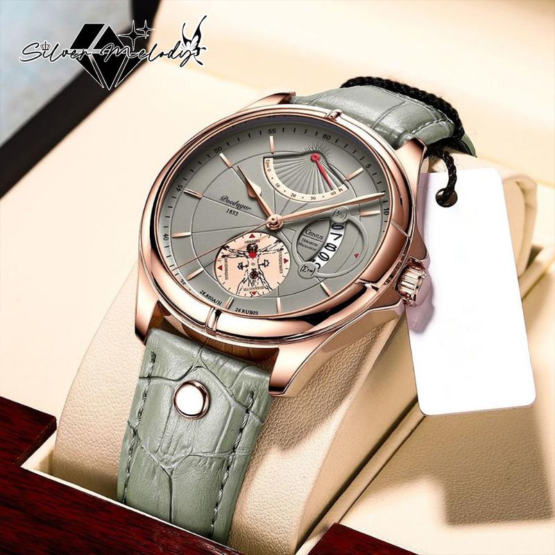 Men's SilverMelody Waterproof Calendar Leather Business Watch