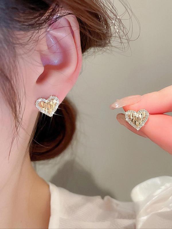 Rhinestone Decorated Heart Shaped Stud Earrings, Fashionable Jewelry for Women for Party, Daily Clothing Decor, Trendy All-match & Exquisite Jewelry for Birthday Gift