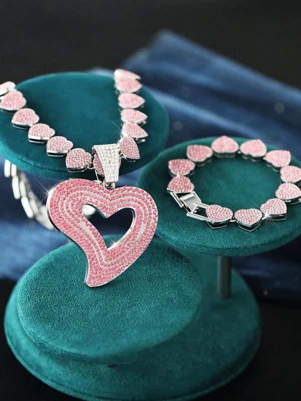 Women's Elegant Rhinestone Decorated Heart Design Necklace & Bracelet, Exquisite Trendy Jewelry Set, Fashionable Accessories for Women & Girls