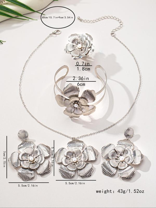 Flower Design Faux Pearl Decorated Jewelry Set, Fashion Necklace & Earrings & Ring & Bracelet for Party, Daily Decor, Trendy All-match & Exquisite Jewelry for Birthday Gift