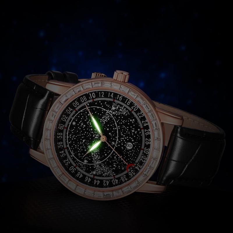 Men Fashion Watch Starry Dial Rose Gold Baguette Diamond Quartz Wrist Watch for Men Waterproof Leather Strap Analog Watches