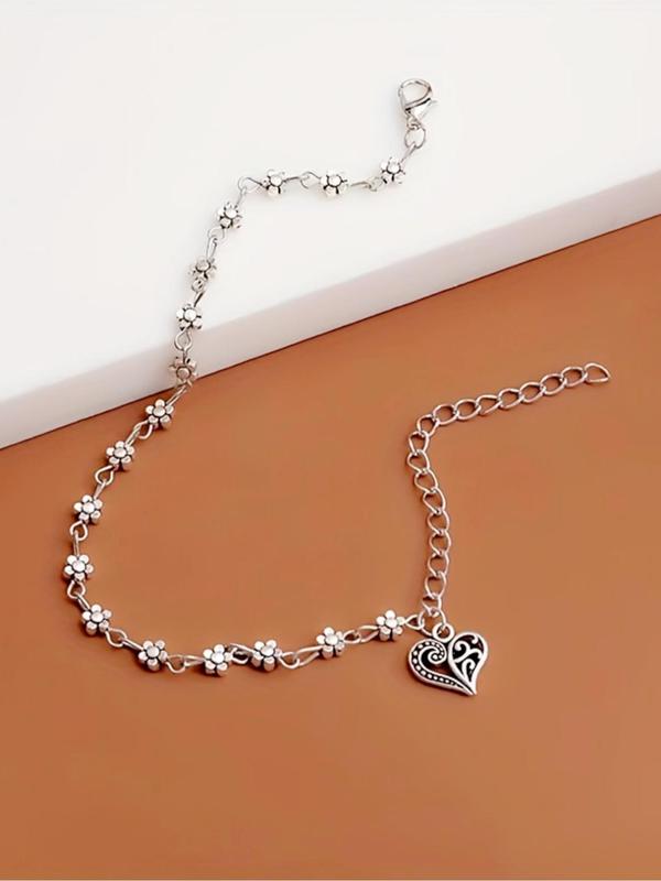 Vintage Heart Decor Anklet,  Fashionable Flower & Heart Charm Ankle Chain for Women & Girls, Fashion Jewelry for Party, Daily Clothing Decor, Trendy All-match & Exquisite Jewelry for Birthday Gift