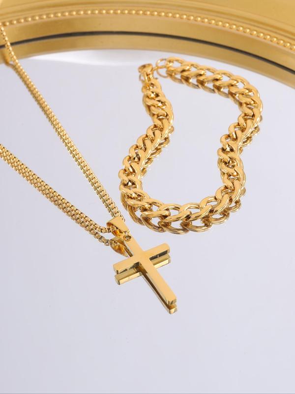 Punk Style Cuban Chain Bracelet & Cross Pendant Necklace, Stainless Steel Jewelry Set for Party, Daily  Decor, Trendy  Exquisite Jewelry for Birthday Gift