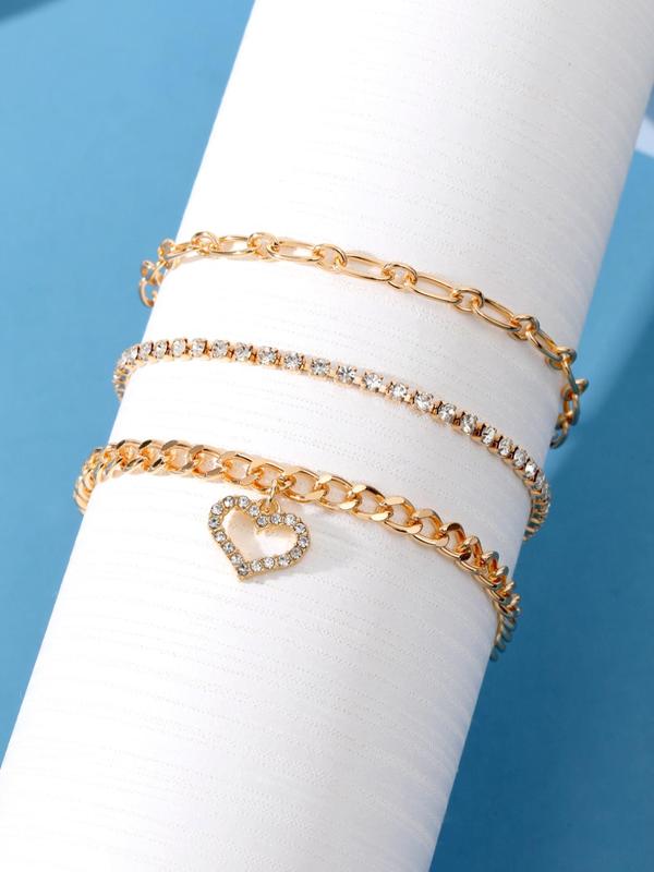 3pcs set Matching Rhinestone Decorated Heart Charm Braclete Anklet, 2024 New Fashion Foot Body Chain, Casual Simple Plain Alloy Sexy Accessories, Holiday Birthday Gifts for Women Girls