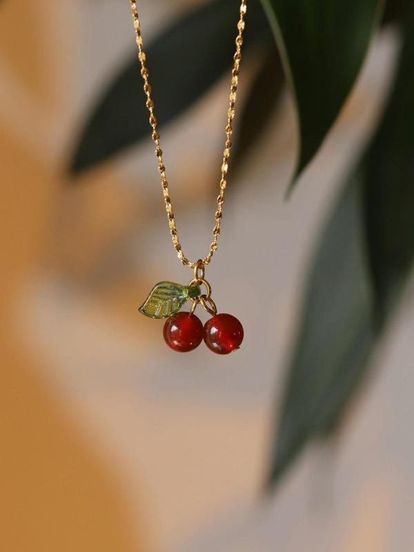 Sweet Design Cherry Pendant Necklace for Women & Girls, Stainless Steel Jewelry for Party, Daily Clothing Decor, Trendy All-match & Exquisite Jewelry for Birthday Gift