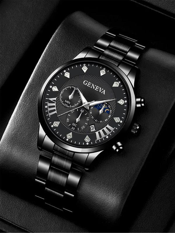 2pcs set Men's Business Style Rhinestone Decorated Quartz Watch Set, Including Braided Design Drawstring Bracelet & Round Dial Wristwatch, Fashionable Watch Set for Men As Gift Without Box