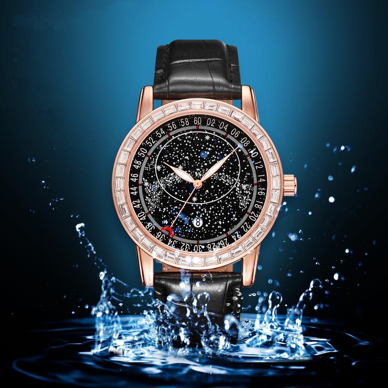 Men Fashion Watch Starry Dial Rose Gold Baguette Diamond Quartz Wrist Watch for Men Waterproof Leather Strap Analog Watches