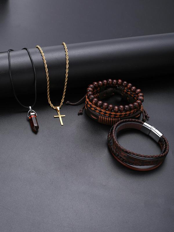 Men's Vintage Jewelry Set, Casual Trendy Cross Pendant Necklace & Beaded Bracelet, Fashion Jewelry Set for Party, Daily Clothing Decor As Birthday Gift