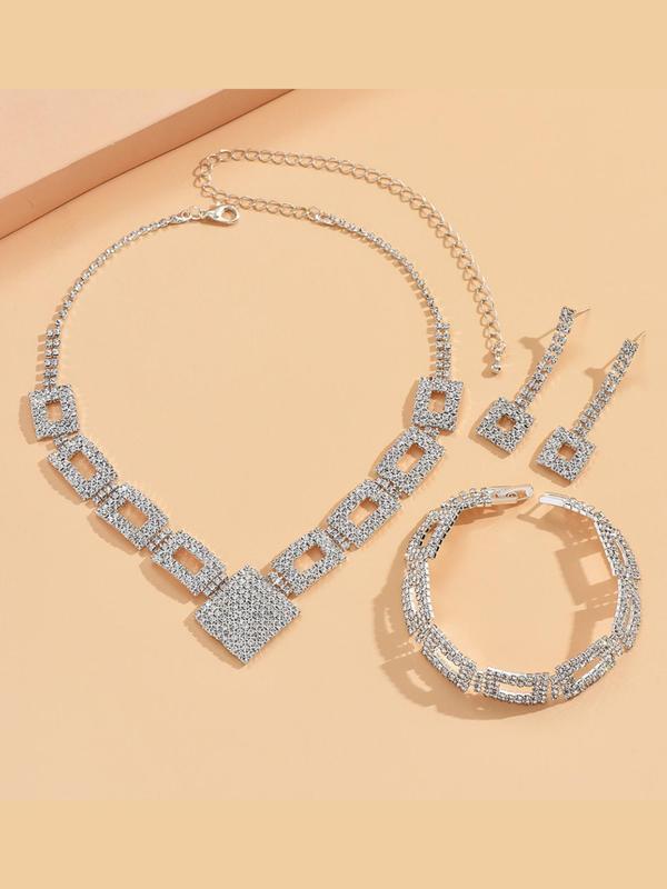 4pcs Elegant Rhinestone Decorated Inlay Jewelry Set, Including Necklace, Dangle Earrings & Bracelet Set, Fashion Jewelry Accessories As Gift for Women for Evening Party