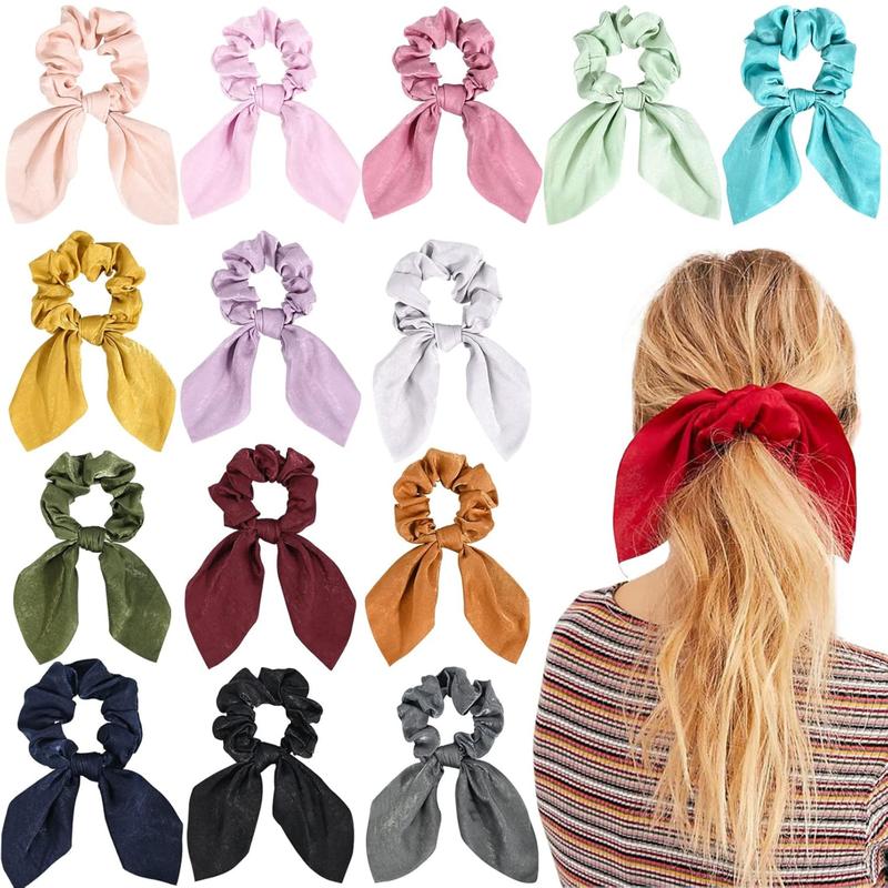 14 Pieces Bow Hair Scrunchies Bunny Ears Silk Scrunchies Hair Ties Elastic Ponytail Holder Hair Accessories for Women