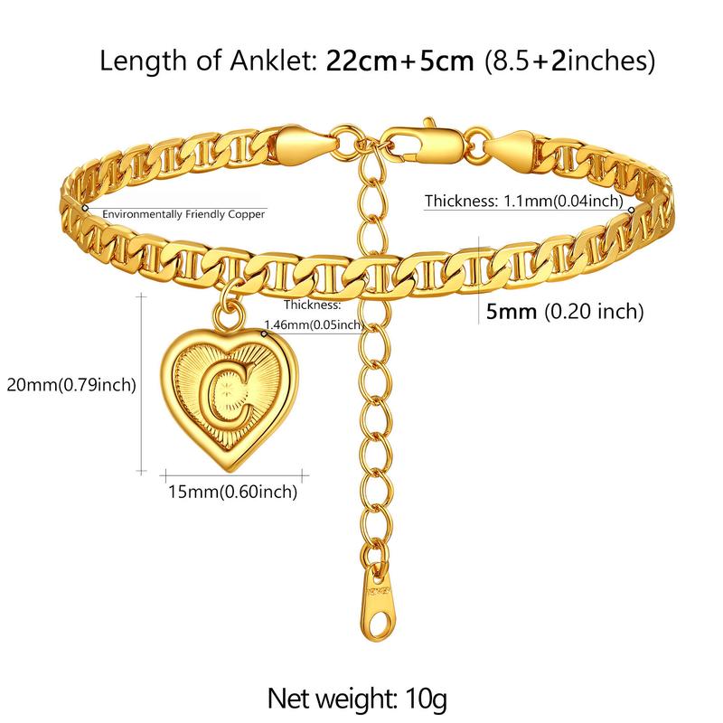 FindChic Initial Heart Charm Anklet with 26 Letters Golden-Plated Cute Ankle Bracelet Golden Mariner Chain Summer Beach Jewelry For Women Girlfriend Birthday Anniversary Wedding Valentine's Day Christmas Holiday Gift