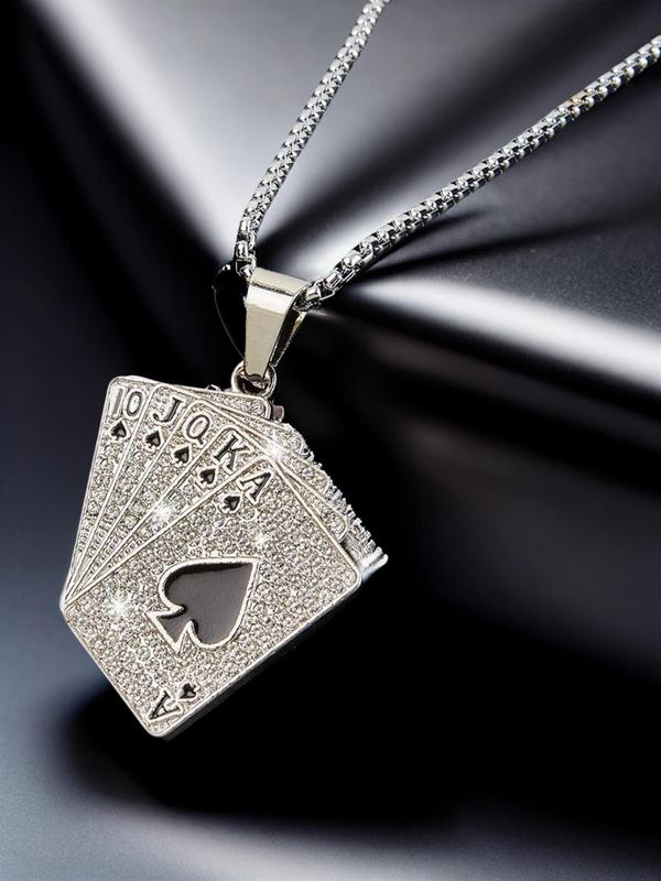 Street Rhinestone Poker Design Pendant Necklace for Men, 2024 Trendy Hip-hop Chain Necklace, Men's Jewelry, Personalized Fashion Party Jewelry Male Accessories