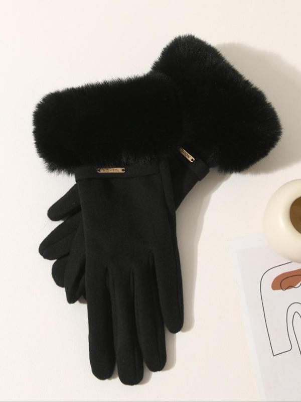 Women's Solid Color Contrast Faux Fur Design Gloves, Cute Warm Gloves for Fall & Winter, Fashion Accessories for Women & Girls