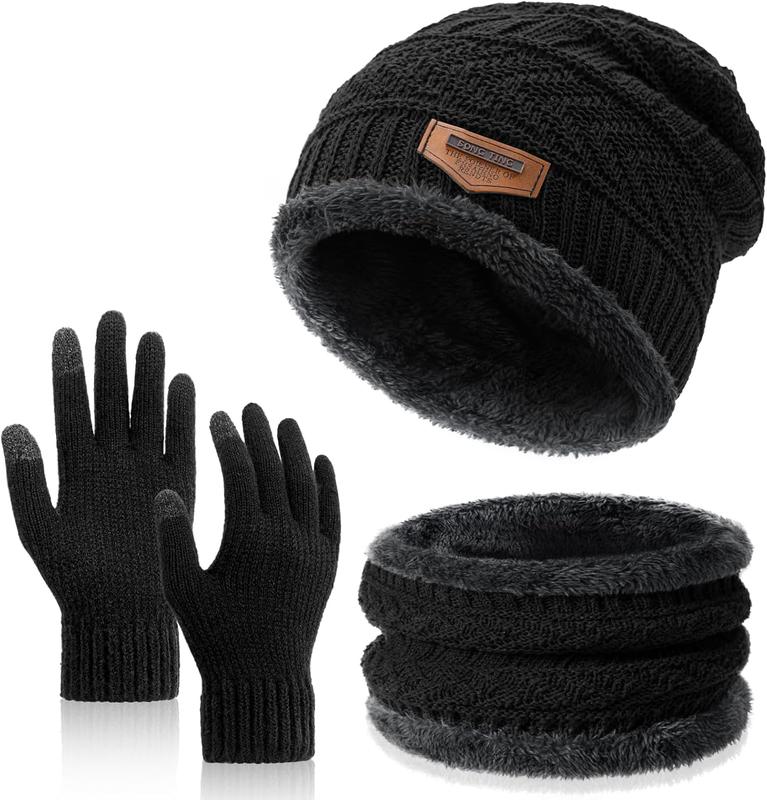 Winter Beanie Hat Circle Scarves Touchscreen Gloves Set, Warm Thick Fleece Lined  Cap Gloves Neck Warmer for Women Men