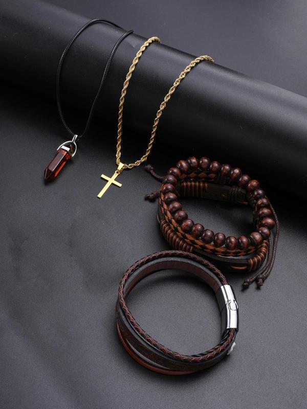 Men's Vintage Jewelry Set, Casual Trendy Cross Pendant Necklace & Beaded Bracelet, Fashion Jewelry Set for Party, Daily Clothing Decor As Birthday Gift