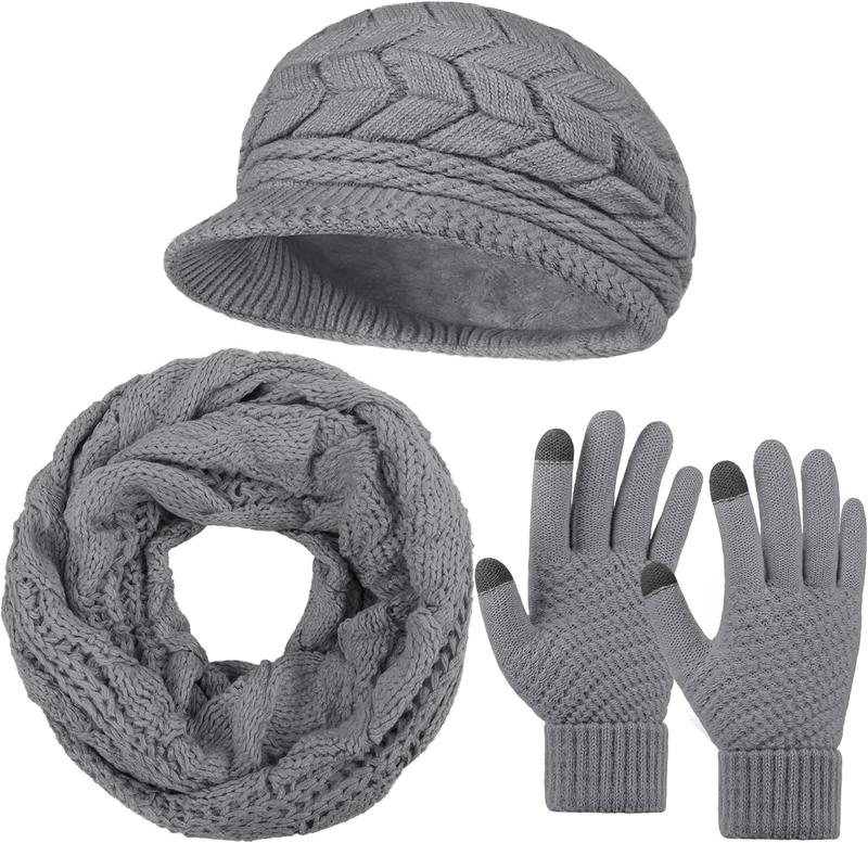 3 count Women Winter Hat Scarf Glove Set Warm Skull Beanie Hat with Visor Knitted Touch Screen Glove Scarf 3 In 1 Set