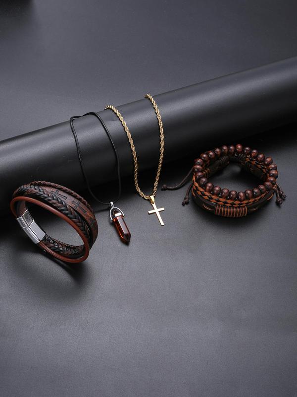 Men's Vintage Jewelry Set, Casual Trendy Cross Pendant Necklace & Beaded Bracelet, Fashion Jewelry Set for Party, Daily Clothing Decor As Birthday Gift