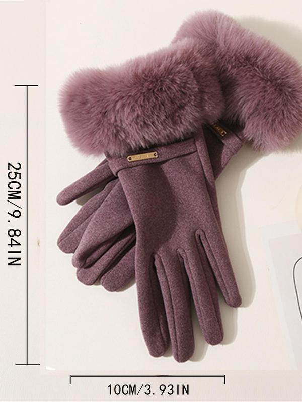 Women's Solid Color Contrast Faux Fur Design Gloves, Cute Warm Gloves for Fall & Winter, Fashion Accessories for Women & Girls