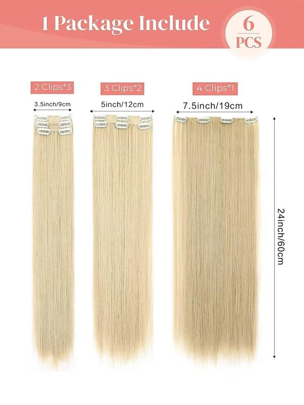 24 Inch Natural Plain Long Straight Synthetic Hair Extension, 6 Counts Clip-in Hair Extensions, Summer Trendy Matching Natural Wig Piece for Party, Club