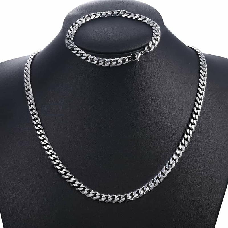 5MM Stainless Steel Curb Cuban Chain Necklace Bracelet Silver Color Jewelry Set for Men Women