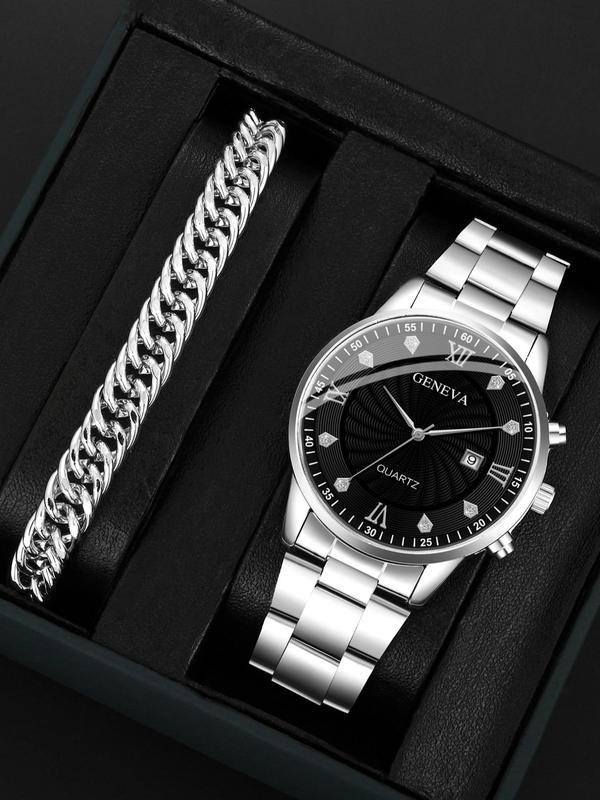 Men's New Fashion Business Fashion Rhinestone Decor Round Dial Analog Quartz Watch, with Link Bracelet Set As Gift without Box