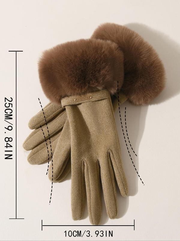 Women's Solid Color Contrast Faux Fur Design Gloves, Cute Warm Gloves for Fall & Winter, Fashion Accessories for Women & Girls