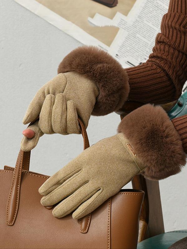 Women's Solid Color Contrast Faux Fur Design Gloves, Cute Warm Gloves for Fall & Winter, Fashion Accessories for Women & Girls