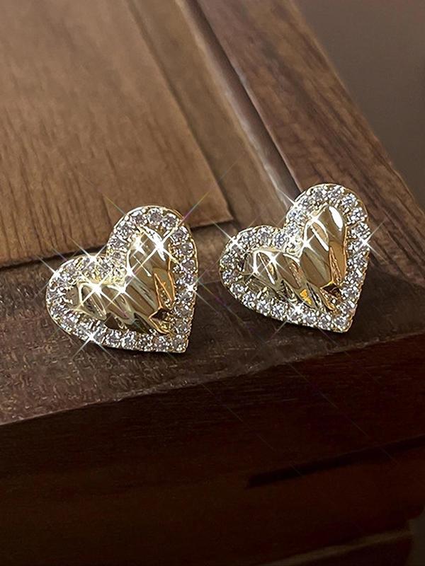 Rhinestone Decorated Heart Shaped Stud Earrings, Fashionable Jewelry for Women for Party, Daily Clothing Decor, Trendy All-match & Exquisite Jewelry for Birthday Gift