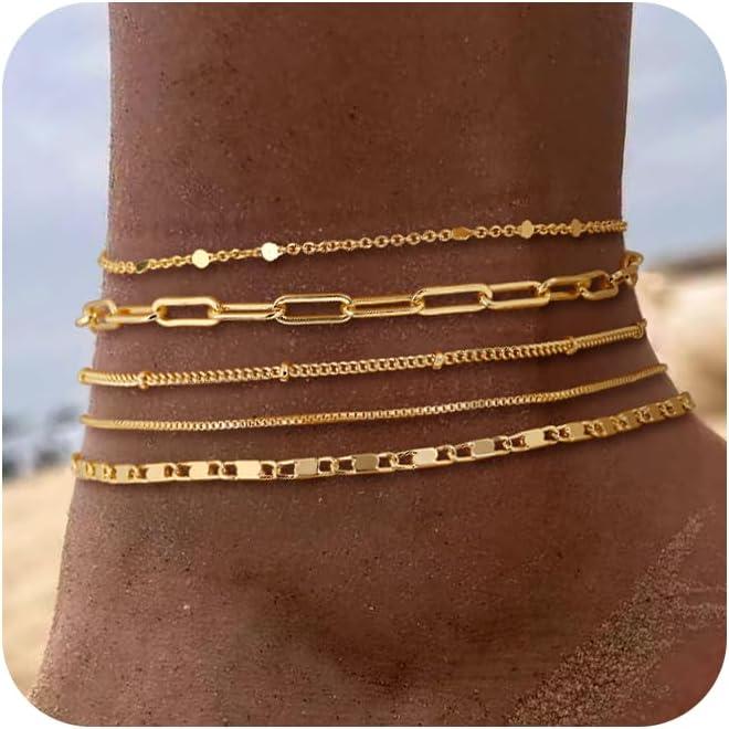 TEWIKY Waterproof Ankle 6PCS Bracelets Thiny Herringbone Box Paperclip Figaro Cuban Link Anklet Set Dainty Jewelry for Women Cute Summer Beach Jewelry