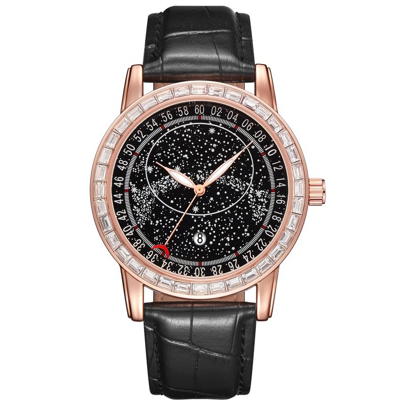 Men Fashion Watch Starry Dial Rose Gold Baguette Diamond Quartz Wrist Watch for Men Waterproof Leather Strap Analog Watches