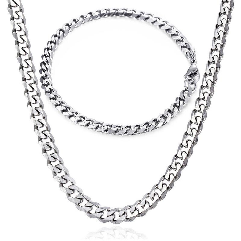 5MM Stainless Steel Curb Cuban Chain Necklace Bracelet Silver Color Jewelry Set for Men Women