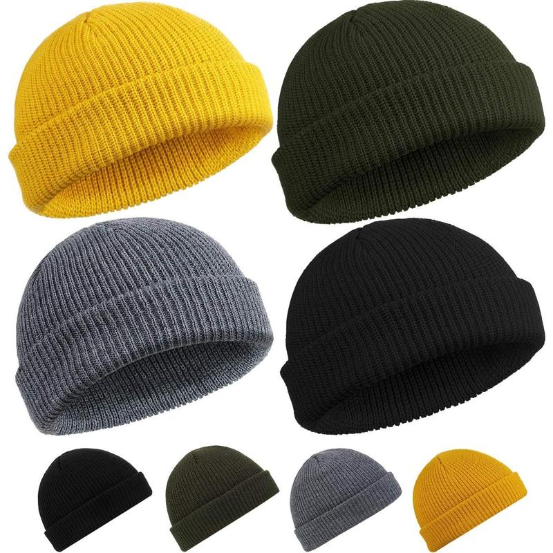 4 Pieces Trawler Beanie Watch Hat Roll up Edge Skullcap Fisherman Beanie Unisex