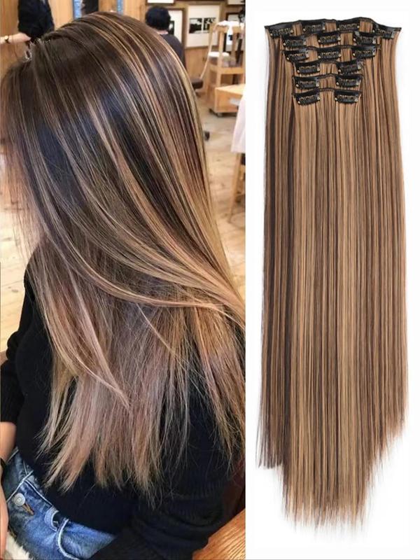 24 Inch Natural Plain Long Straight Synthetic Hair Extension, 6 Counts Clip-in Hair Extensions, Summer Trendy Matching Natural Wig Piece for Party, Club