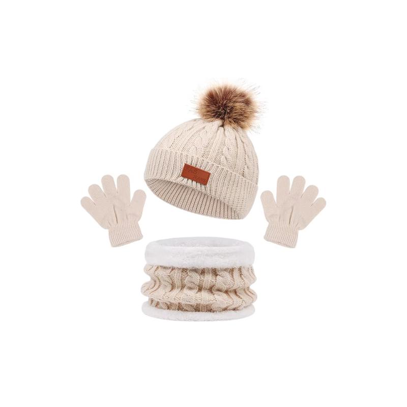 3Pcs Winter Hat Scarf Gloves Set Solid Color Bonnet Cute Pompom Knitted Hats Outdoor Warm Accessories