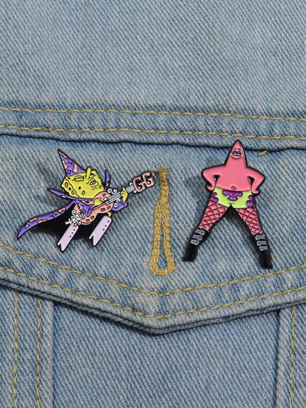 Cute Cartoon Sponge & Starfish Design Brooch, Fashion Alloy Badge for Daily Clothing Decor, Trendy All-match & Exquisite Brooch for Birthday Gift