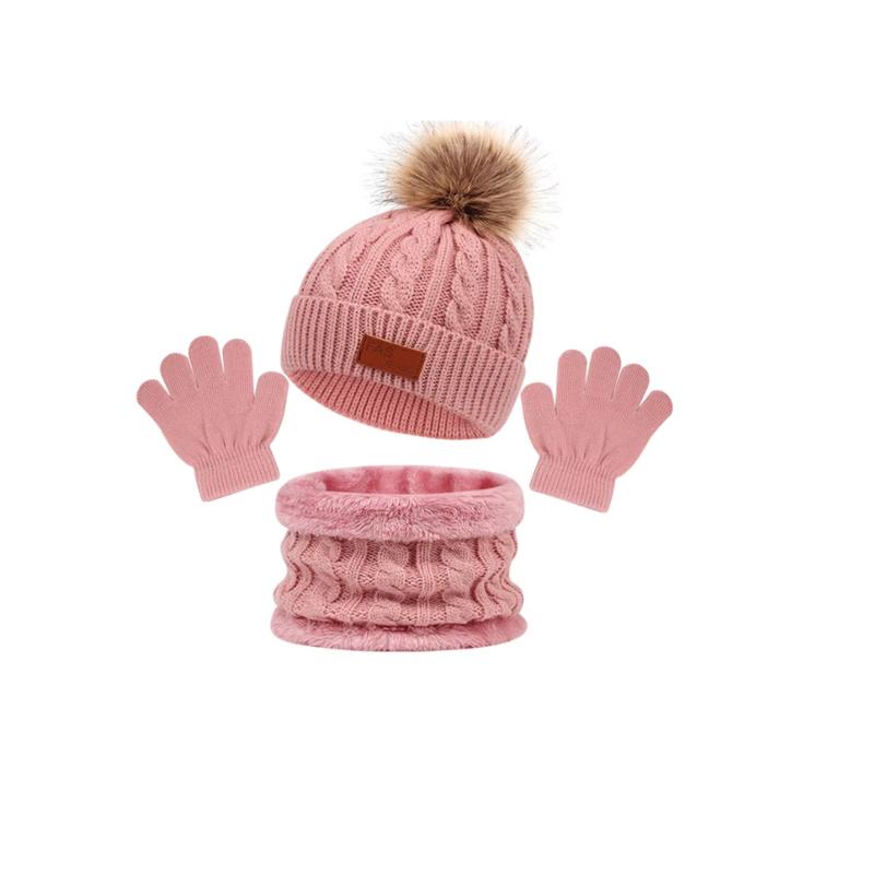 3Pcs Winter Hat Scarf Gloves Set Solid Color Bonnet Cute Pompom Knitted Hats Outdoor Warm Accessories