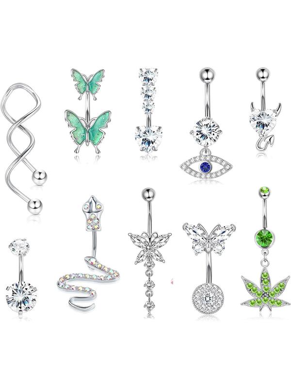 Women's Rhinestone Decorated Belly Piercing Body Jewelry,  Belly Button Rings, New Summer 2024 Butterfly & Eye & Snake & Heart Navel Real Jewelry Sets for Women Girls