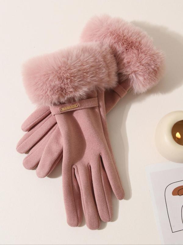 Women's Solid Color Contrast Faux Fur Design Gloves, Cute Warm Gloves for Fall & Winter, Fashion Accessories for Women & Girls