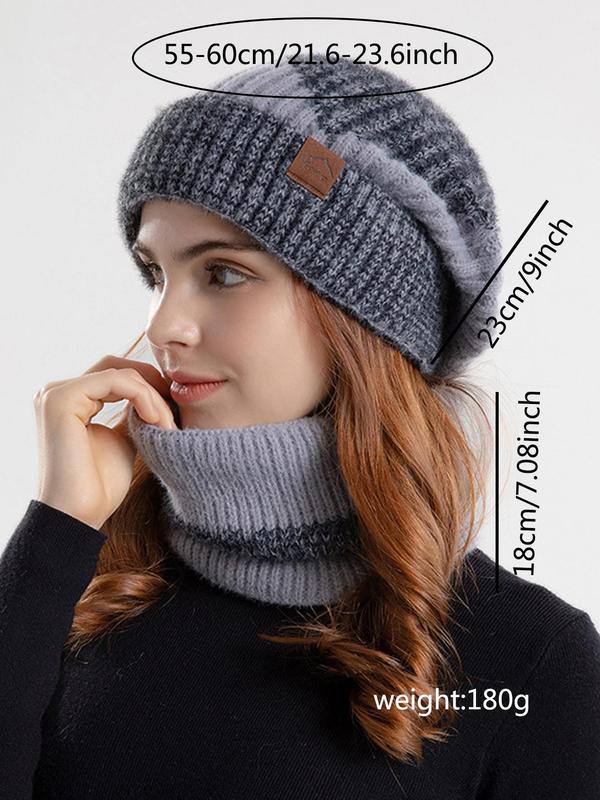 Women's Solid Color Patched Beanie Hat & Scarf Set, Casual Thickened Warm Hat & Scarf, Fashion Accessories for Fall & Winter