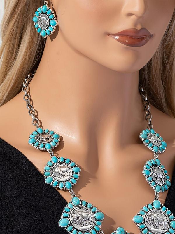 Boho Style Turquoise Texture Decorated Jewelry Set, Vintage Fashion Necklace & Dangle Earrings, Trendy All-match & Exquisite Jewelry Set for Birthday Gift