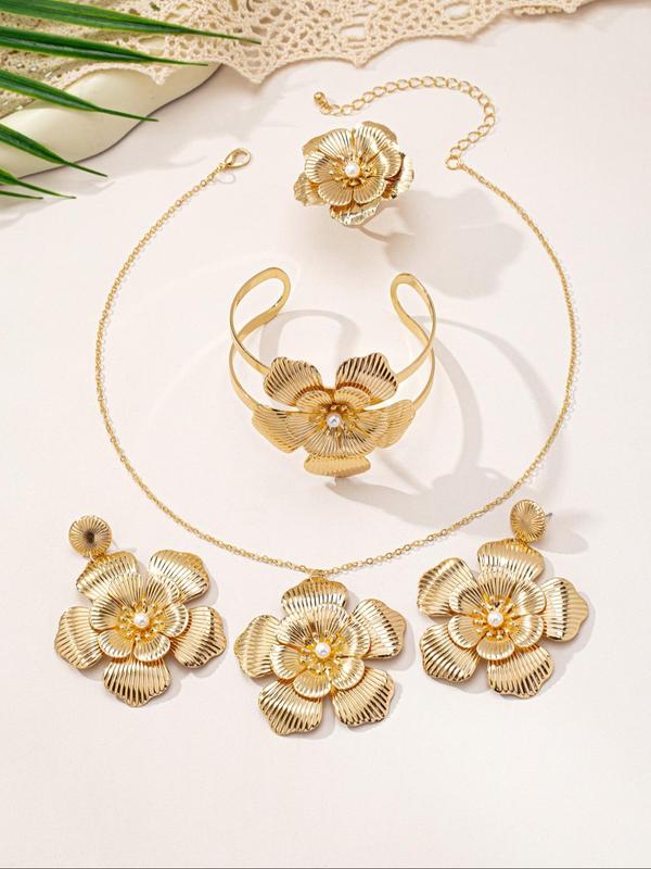 Flower Design Faux Pearl Decorated Jewelry Set, Fashion Necklace & Earrings & Ring & Bracelet for Party, Daily Decor, Trendy All-match & Exquisite Jewelry for Birthday Gift